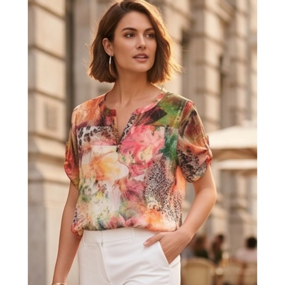 Chico's 1 Multicolor Floral Animal Print Lace Overlay V-Neck Blouse Medium Flirt